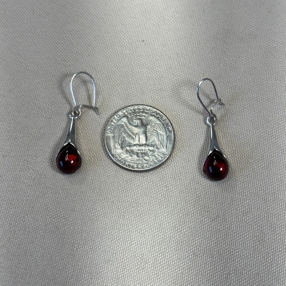Sterling Silver 925 Red Cherry Amber Teardrop Drop Earrings Leverback Dangle - Picture 7 of 13